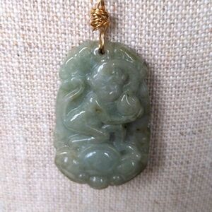Genuine Jade carved pendant necklace.  Burmese celadon.  18k over 925 chain.